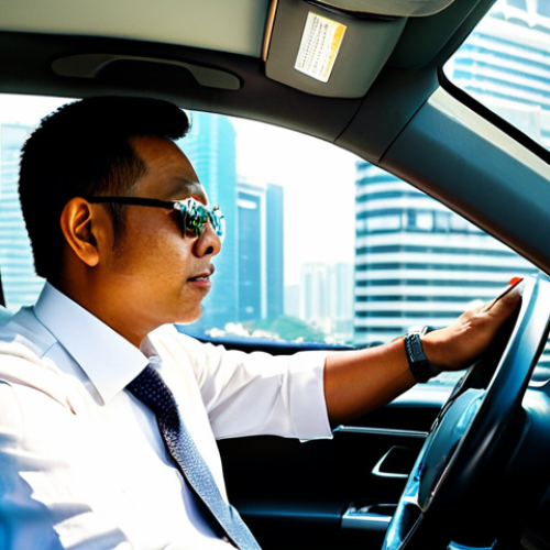 A professional driver in a modern car, fully clothed in modest professional attire, slightly squinting due to intense sun glare reflecting off a towering glass skyscraper in a bustling Kuala Lumpur city center during midday. The urban landscape features contemporary architecture with strong light reflections causing an uncomfortable heat haze. The driver's posture is natural, well-formed hands on the steering wheel, indicating perfect anatomy and correct proportions. The scene is safe for work, appropriate content, fully clothed, family-friendly, and captured with professional photography, high quality.